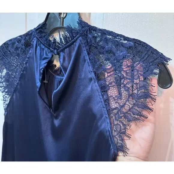 NWT Generation Love Charolette Navy Blue Silk Lace Sleeve Blouse Top Size S - Picture 8 of 10